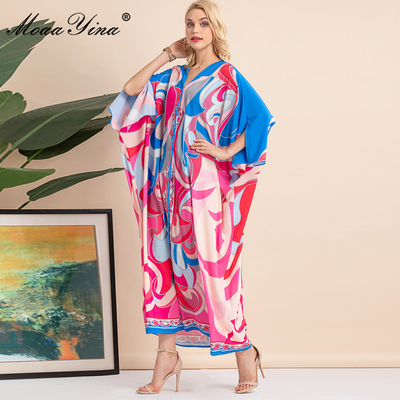 Bohemian Women's Summer Printed Single-breasted Batwing Sleeve V-Neck Loose Floor Long Length Kafatan Dress 210524