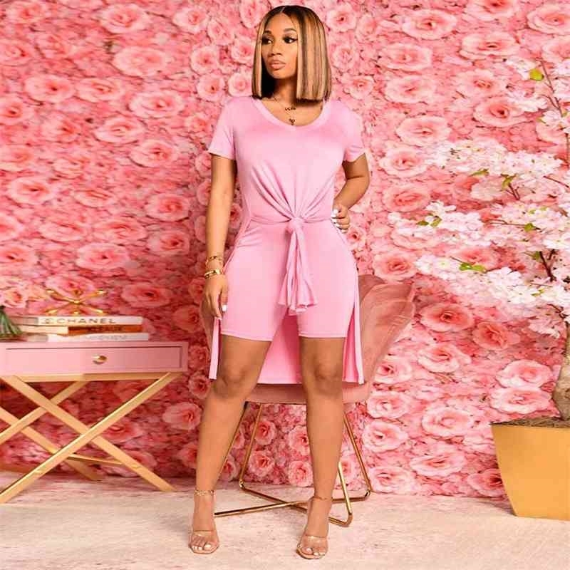 S-XXXL Plus Size Solid Two Piece Set Tracksuit for Women Short Sleeve Side High Split -long Tops and Skinny Shorts Outfits 210707