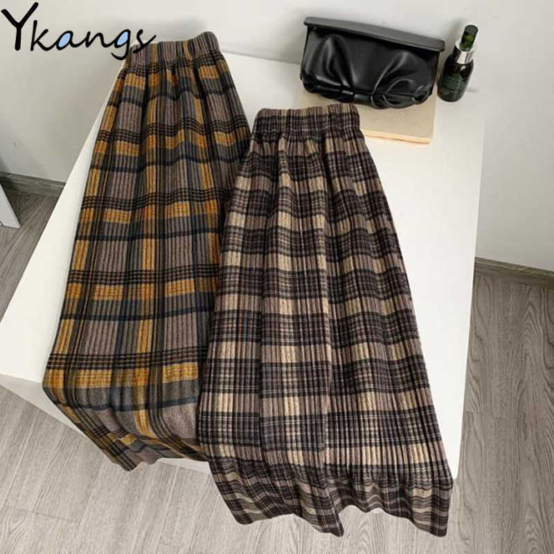 High Quality Winter Wool Long Pleated Skirt Women'S Korean Style High Waist Midi Plaid Skirt Female Vintage Plus Size Clothes 210619wtt