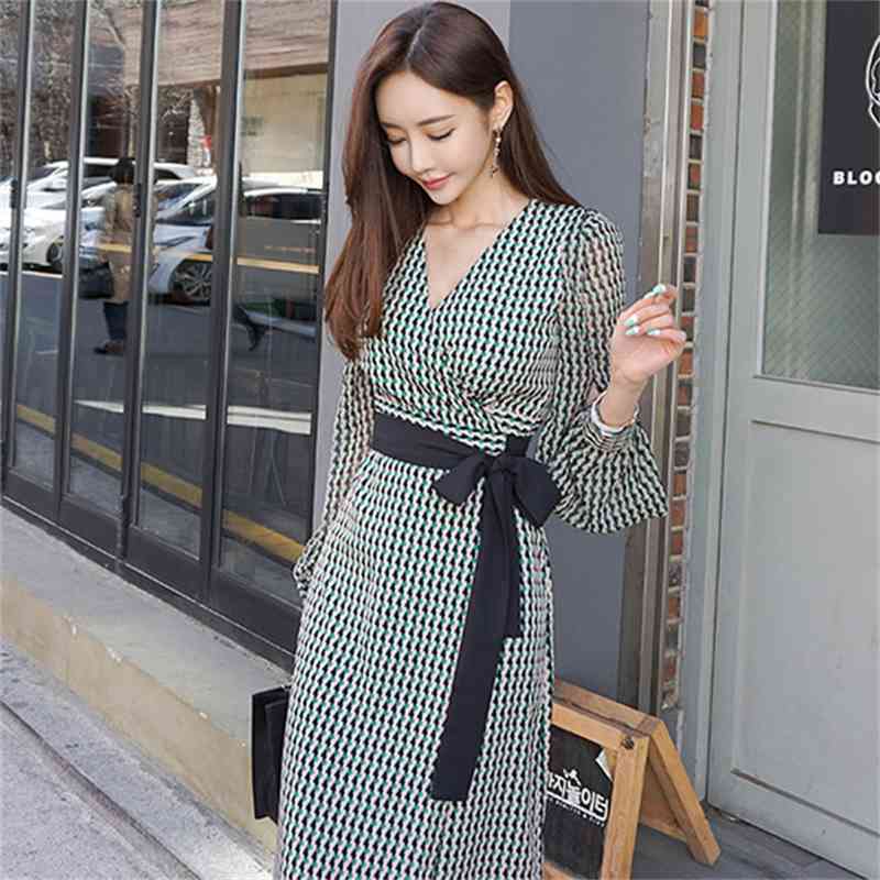 OL Work wear Elegant Party Dress Women Summer Long Sleeve Plaid Split Sexy V-neck Casual Wrap Vestidos 210519