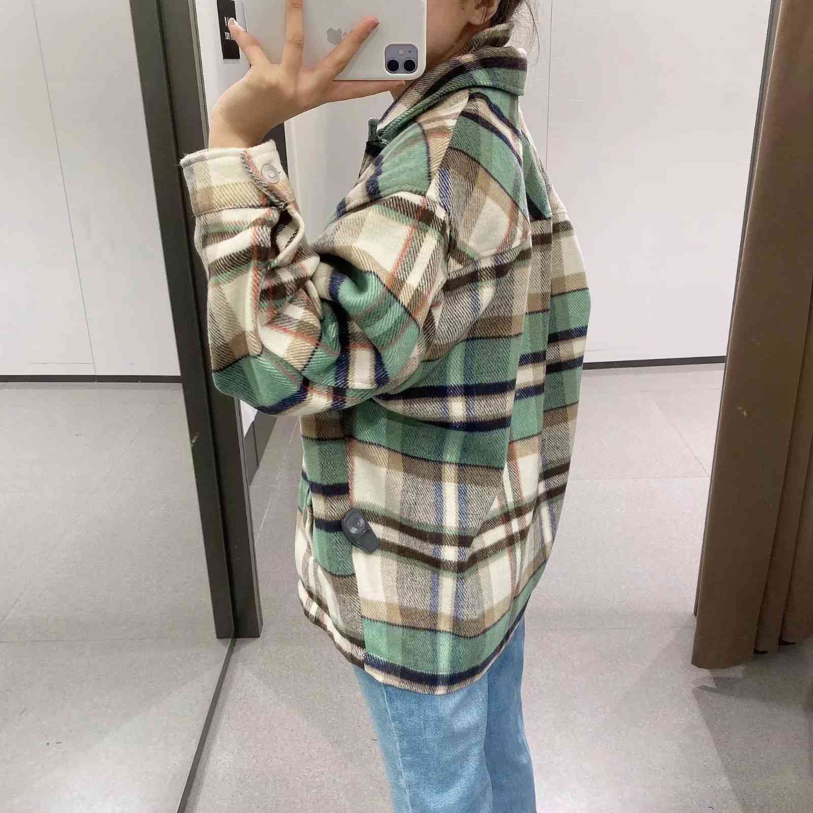 Fashion green Plaid jacket women winter coat Long Sleeve coats and s Oversized 210521