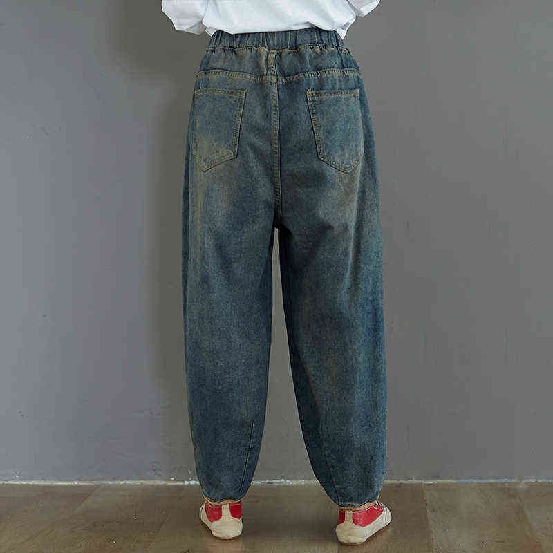 7076 Women Fashion Spring Summer Korean Elastic Waist Oversize Wide Leg Pant Female Casual Loose Ankle Length Jeans Streetwear 211129