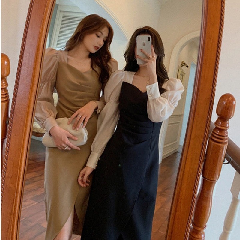Spring French Elegant Midi Dress Women Square Collor Puffer Sleeve Vintage Dress Female Sweet Party Dress Korean 210521