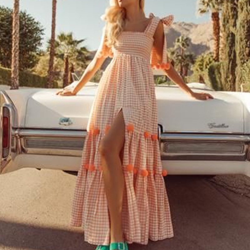 Women Dress Plaid Strapless Bohemian es Sleeveless High Waist Large Hem Maxi es Sexy Plus Size Summer 210513