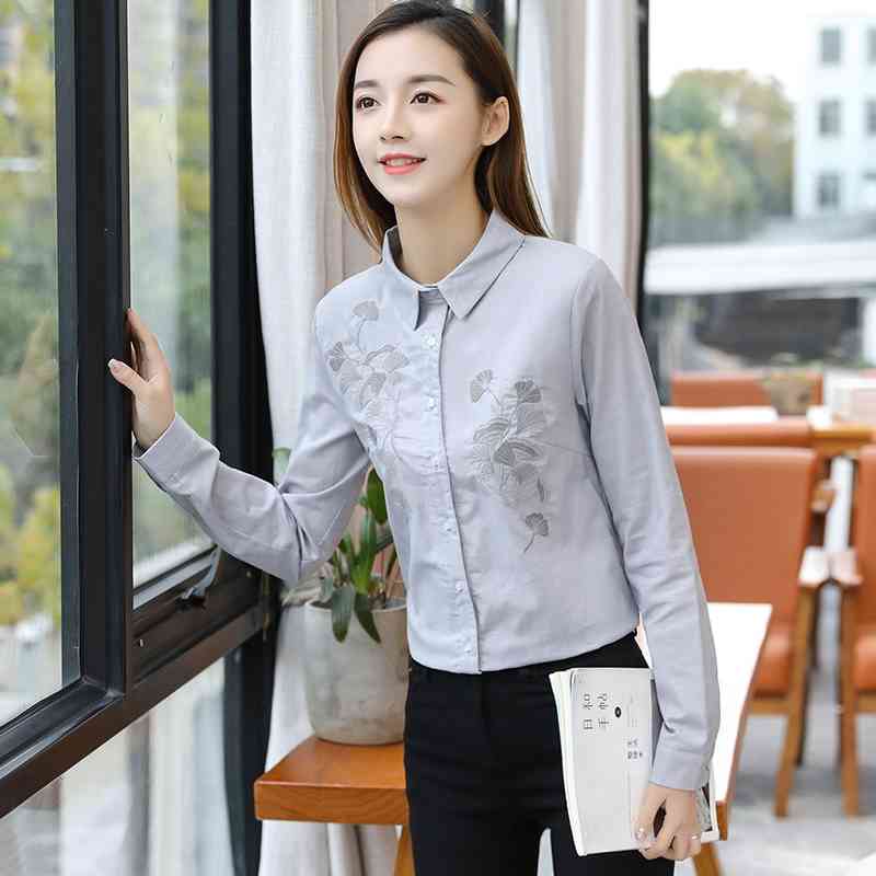 spring women tops chiffon shirts long sleeved blouses plus size embroidery office lady casual slim clothing D424 30 210506