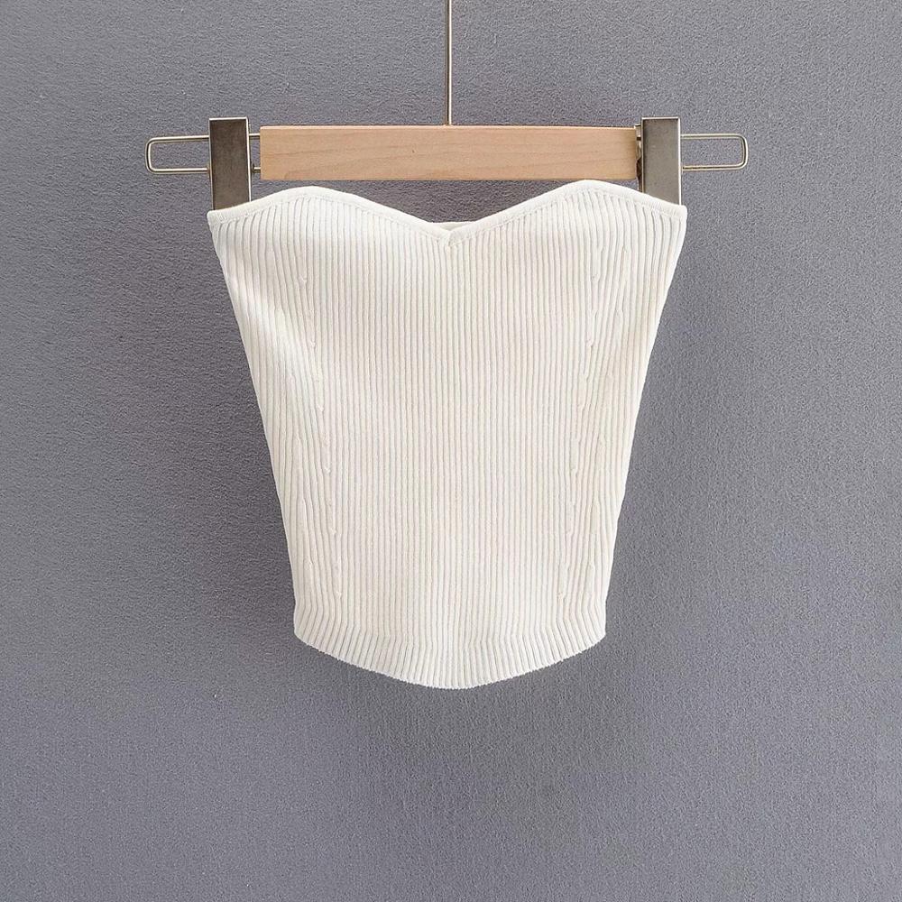 Sexy V neck Knitting Strapless Corset Camisole Tank Top Backless Casual Cropped Women Knitted White Skinny Cami 210429