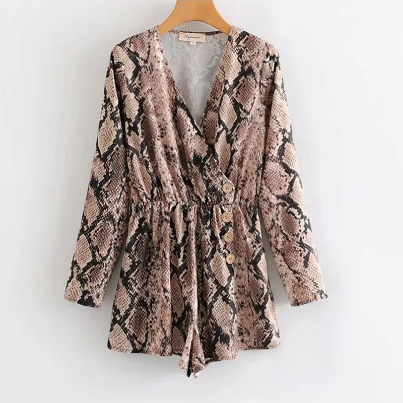 Holiday women's spring slim slimming wild snake print long-sleeved V-neck jumpsuit wide leg female elegant 210507
