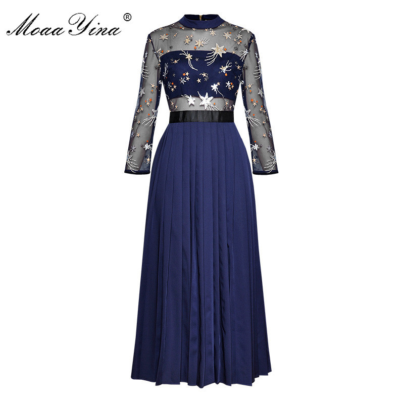 Fashion Runway dress Spring Summer Women Dress 3/4 sleeve Mesh luxurious Gold Line Embroidery Sequin Elegant Dresses 210524, Navy blue
Fashion Runway dress Spring Summer Women Dress 3/4 sleeve Mesh luxurious Gold Line Embroidery Sequin Elegant Dresses 210524, Navy blue
