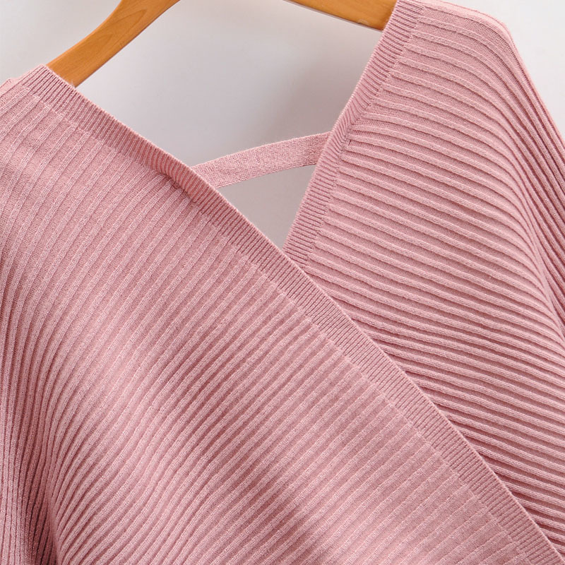 Sexy V-neck Long-sleeved Cross Pink Knitted Loose Bat Sleeves Western-style Female Sweater Waist Set Harajuku Chic Women's Sweat 210507