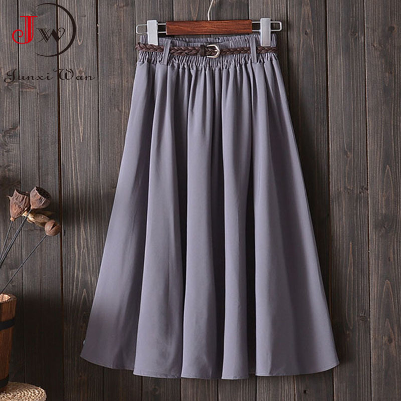 Women Preppy Style Summer Skirt Casual A-line Solid With Belt Mid-length Fashion Elegant Chic Girls Midi Skirts Saias 210510