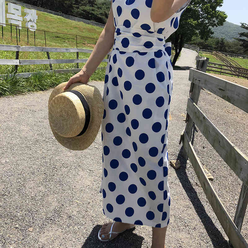 Summer O Neck Cotton and Linen Bow Sleeveless Tank Polka Dot Dress Women Slim Chic Korean Temperament Retro Vestidos Mujer 210429