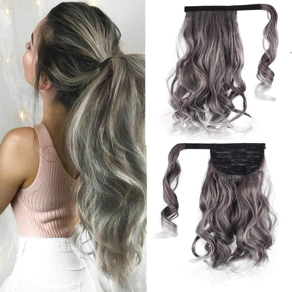 Hot ponytails grey colors blonde natural highlights pony tail bun updo hairstyle silver gray hairs ponytail extension wraps salt pepper wavy curly hai