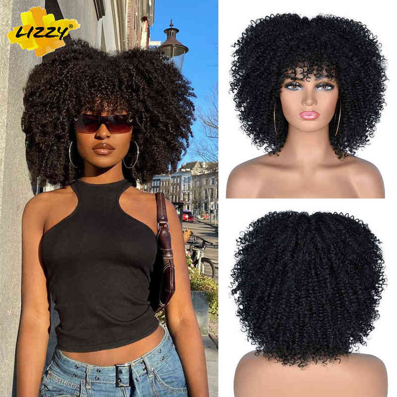 Hairpiece Short Hair Afro Kinky Curly Wigs with Bangs for Black Women African Synthetic Ombre Glueless Cosplay Heat Resistant Lizzy 0121