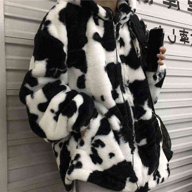 Winter Women Fleece Jackets Furry Teddy Coat Women Harajuku Milk Cow Print Faux Fur Jacket Vintage Hip Hop Warm Streetwear 211105