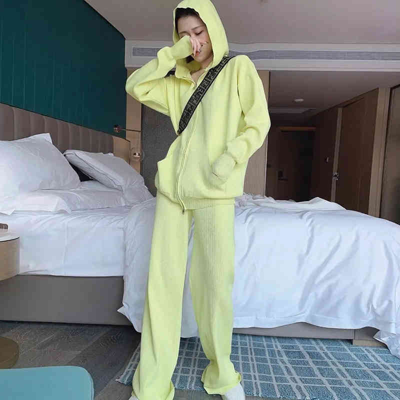 Fashion Solid Knitted 2-Piece Suits Women Double Dlider Zipper Hooded Cardigan Basic Straight Leg Trousers Spring Sets 210522