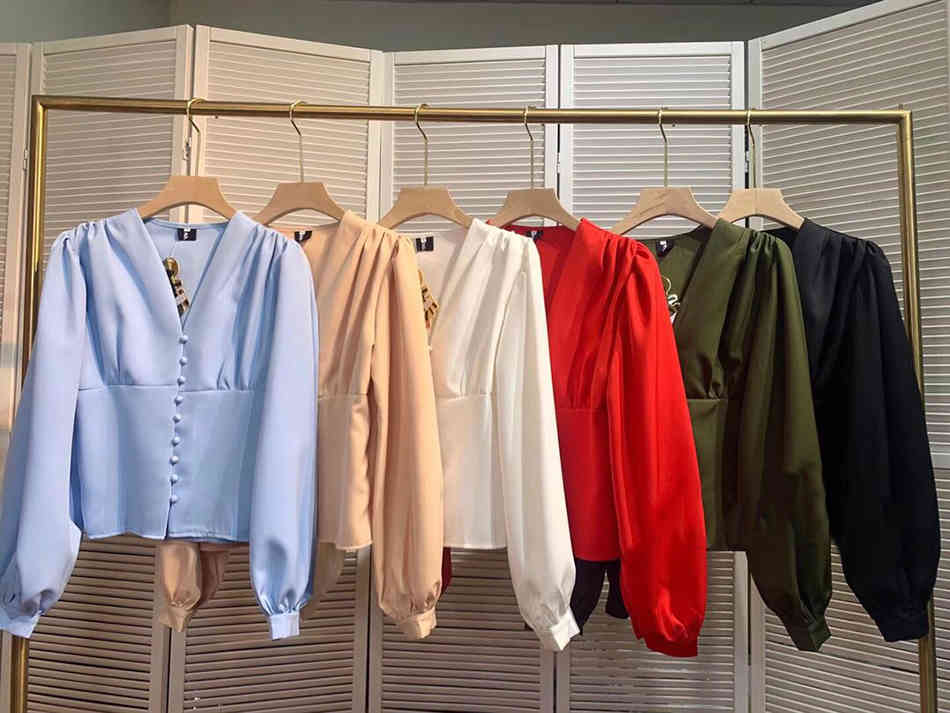 Free Spring Women's Blouse Retro V-neck Waist Slim Single-breasted Lantern Sleeve Shirt Top Elegant 210524