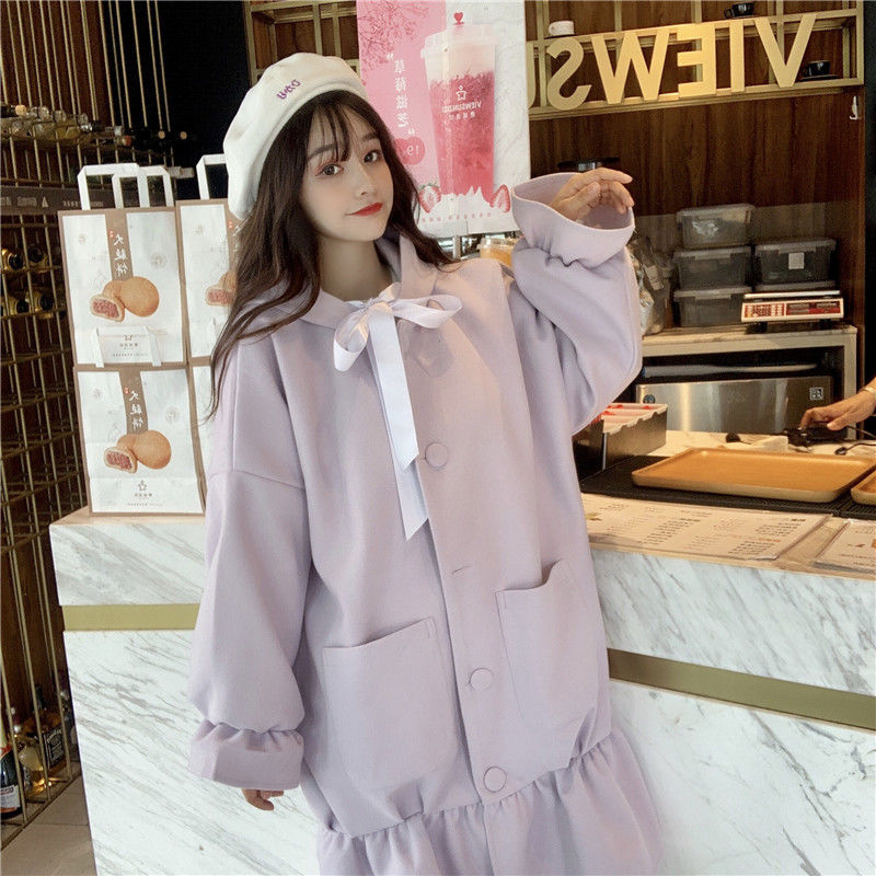 Warm Wool Coat Vinter Sweet Bow Patchwork Trench Long Female Casual Button Japanese Kawaii Thick s 210510