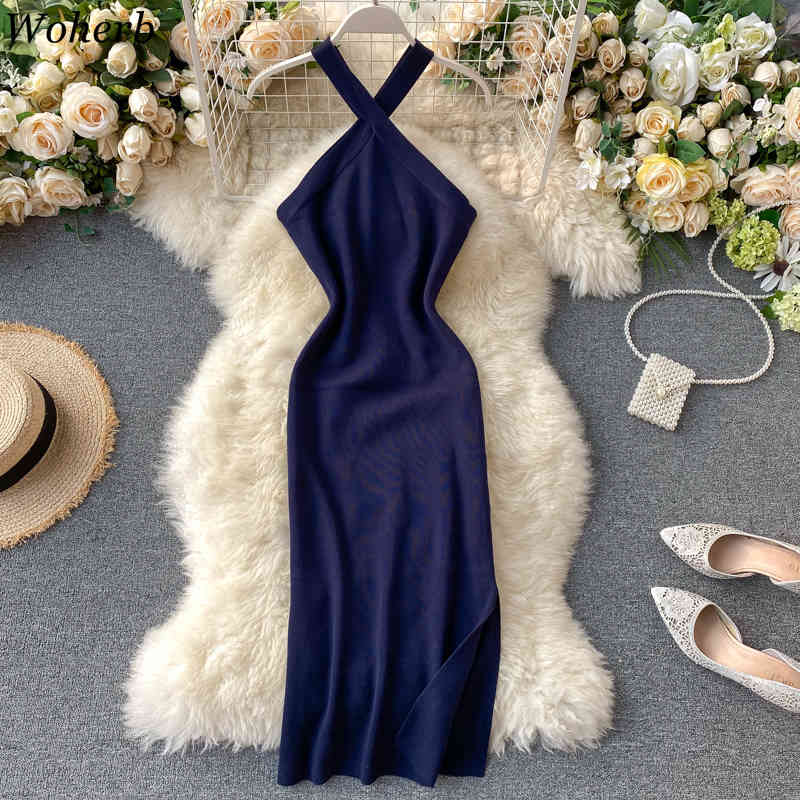 Women Bodycon Dress Fashion Sexy Cross Halter Robe Sleeveless Knitted Vestidos Summer Elegant Party Dresses 4i651 210519
