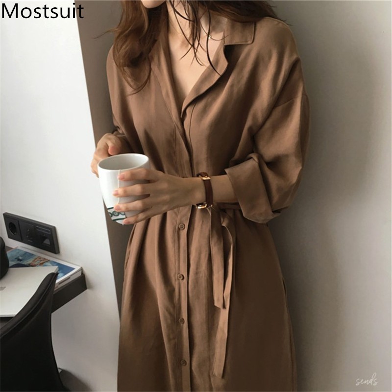 Korean Single-breasted Long Shirt Dress Women Spring Autumn Sleeve Turn-down Collar Belted Ladies Dresses Vestidos 210518, Caramel
Korean Single-breasted Long Shirt Dress Women Spring Autumn Sleeve Turn-down Collar Belted Ladies Dresses Vestidos 210518, Caramel