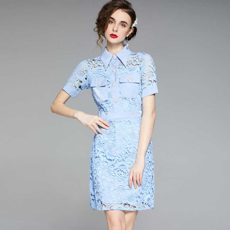 Vintage Summer Women Fashion Sexy Lace Hook Flowers Single Breasted Turn-down Collar Office OL Slim Party Dresses 210526, Sky blue
Vintage Summer Women Fashion Sexy Lace Hook Flowers Single Breasted Turn-down Collar Office OL Slim Party Dresses 210526, Sky blue