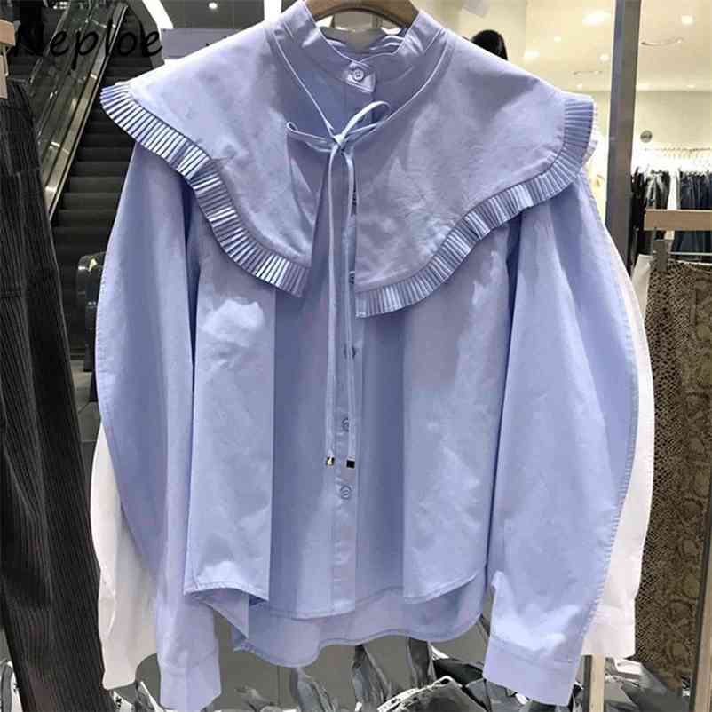 Elegant Wooden Ear Patchwork Loose Blouse Women Peter Pan Collar Long Sleeve Solid Blusas Spring Shirt 210422Z