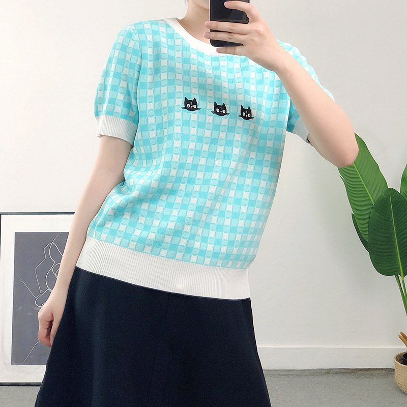Summer E-girl T-Shirt Women Harajuku Tops Tee Cute Cat Embroidery Short Sleeve Female Knitted Tshirts B-070 210522