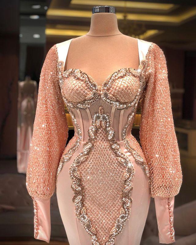 Plus Size Arabic Aso Ebi Luxurious Mermaid Sexy Prom Dresses peach pink Lace Beaded Long Sleeves Evening Formal Party Second Reception Gowns Dress