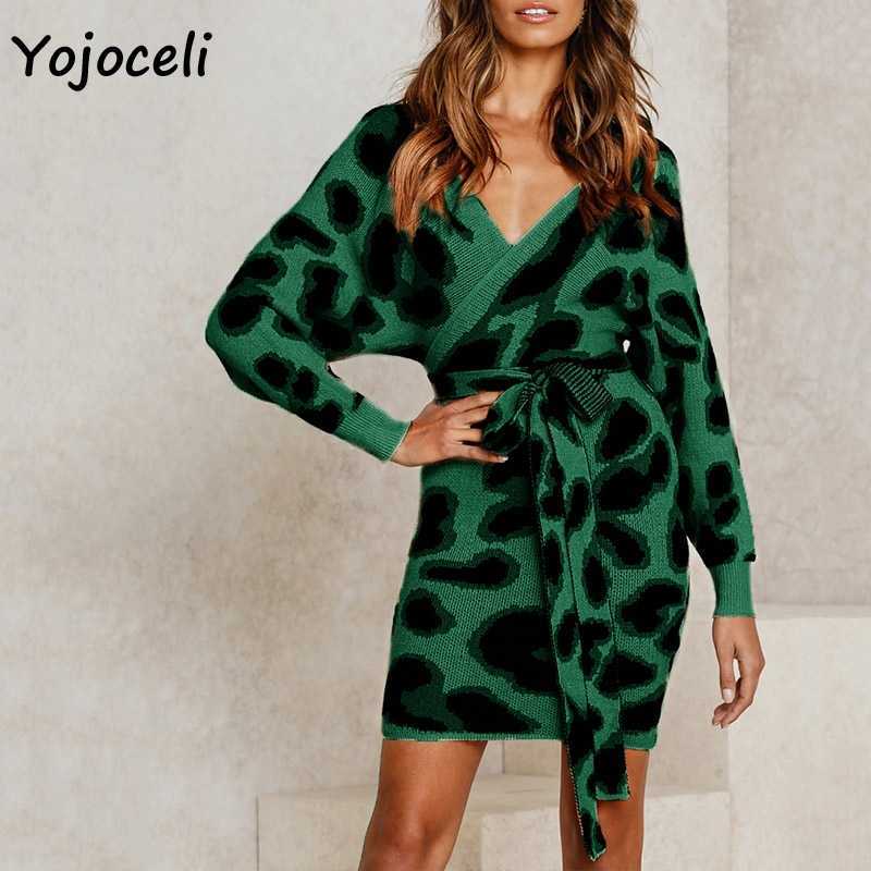 Yojoceli autumn winter leopard knit dres v neck bodycon mini streetwear day sweater 210609