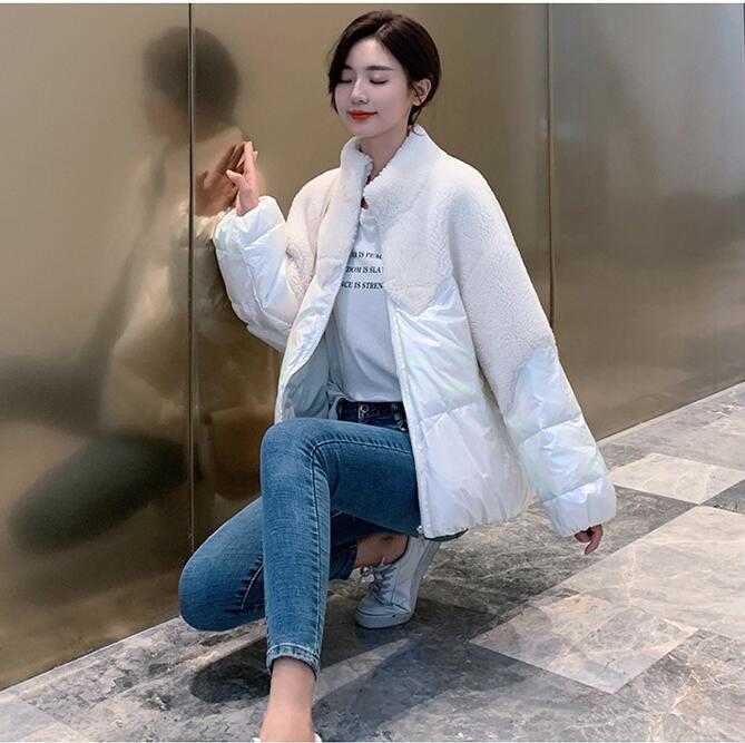 Fashion Winter lambswool Patchwork jacket women Fur splice Cotton padded coat Thcik Warm short cotton coats female Overcoat 211013