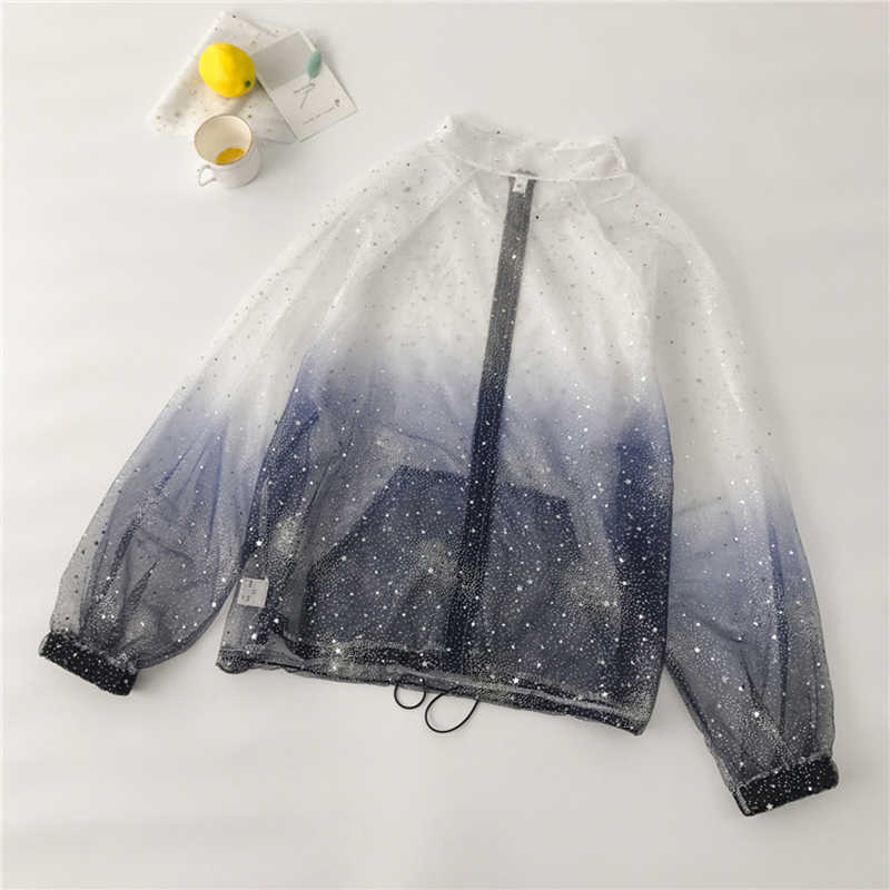 Harajuku Sun Protection Coat Long Sleeve Transparent Jacket Gradient Sequin Female Jacket Women Thin Plus Size Feminine Coat 210722