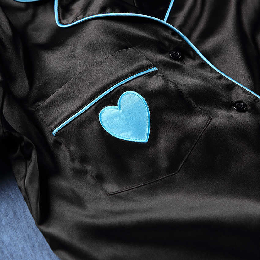 HiLoc Love Satin Sleepwear Women Winter Pajamas Black Long Sleeve Two Piece Set Top And Pants Bow Lace Up Pocket Cute Pajamas 211007