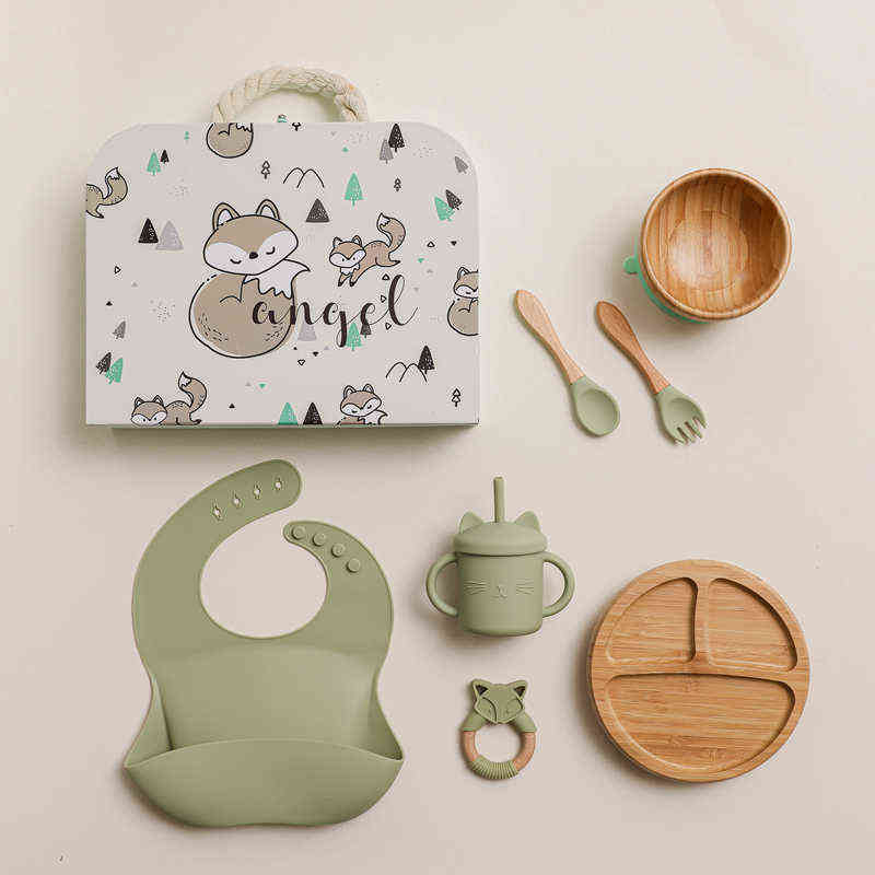 Children's Tableware Suction Cup Plate Baby Dishes 7Pcs/Set Silicone Feeding Set Kids Bibs Spoon Dish Dispensing Drinking Bowl 211027