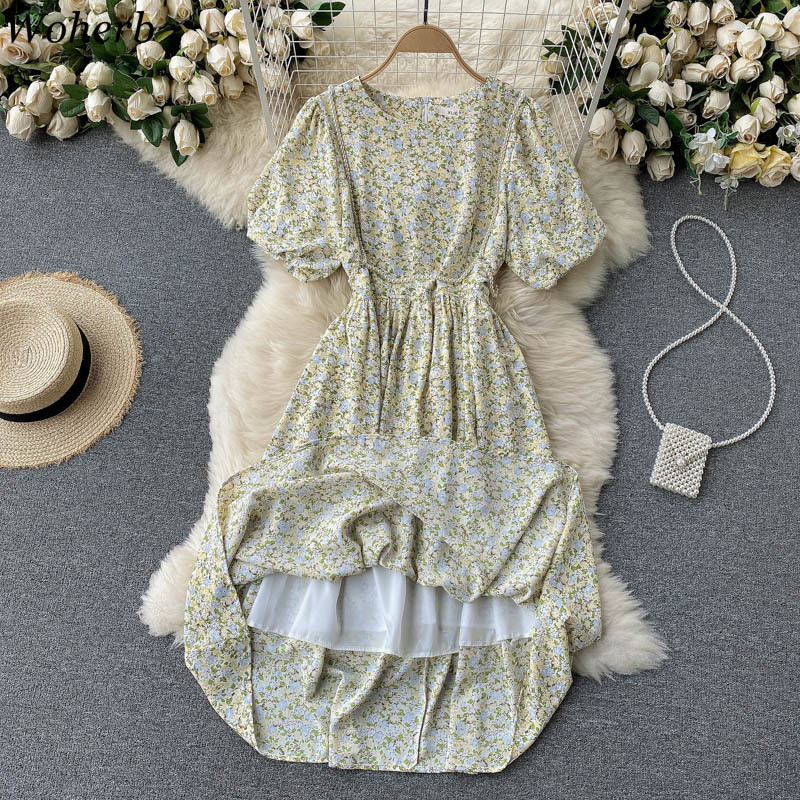 Korean Chic Floral Puff Sleeve Dress High Waist Vintage Ladies Crew Neck Pearl Beading Party Vestidos Ropa Mujer Elegant 210519