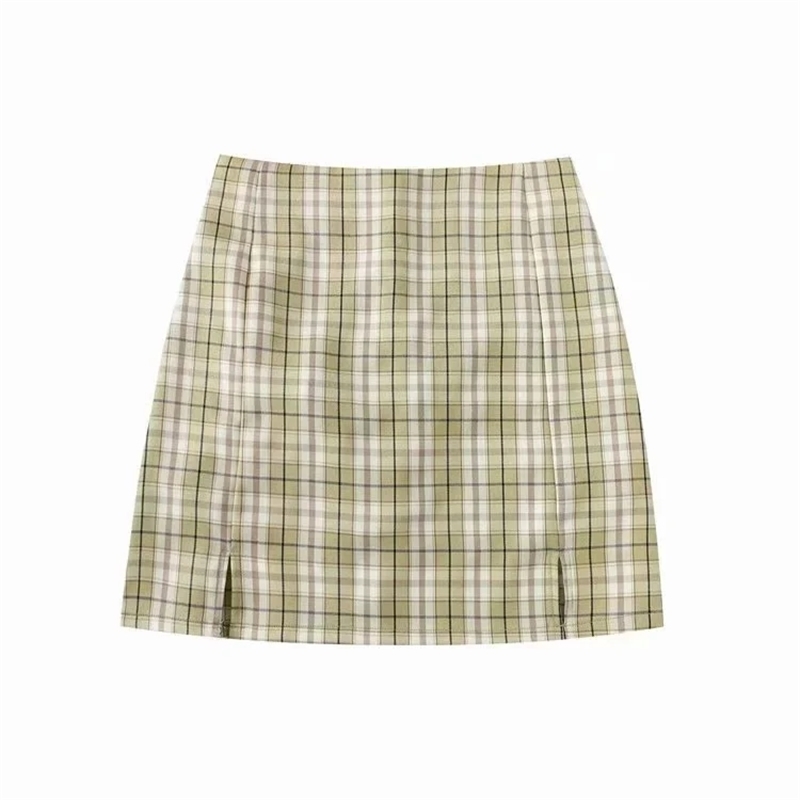 Sexy green Plaid Mini Skirts women Slit high waist bodycon skirt Sweet Girl pencil casual party summer faldas mujer 210521