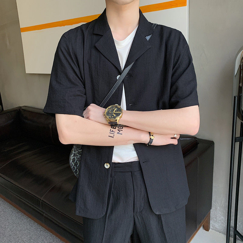 IEFB Men's Wear Casual Cotton And Linen Half Sleeve Shirt + Elastic Trousers Two-piece Set Summer Fashionable 9Y2746 210524