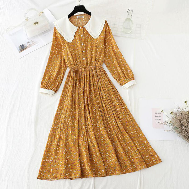Sweet Doll Collar Chiffon Dresses Spring Elastic High Waist Floral Print Mid-length Dress Elegant Slim Pleated Women Dress 210521