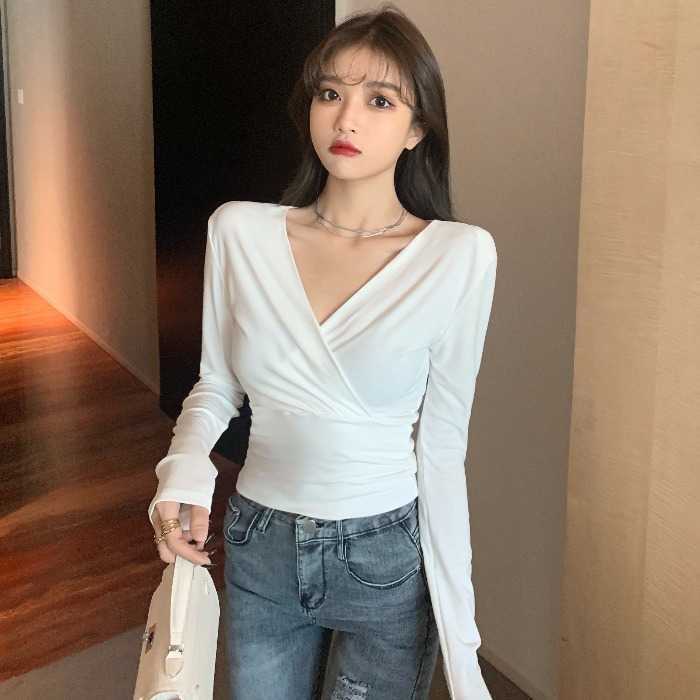 Autumn Slim Full Sleeve Sexy V-neck Bottoming Tops For Women All-match Long-sleeved T-shirt Summer Top T Shirt Tshirt 8P79 210603