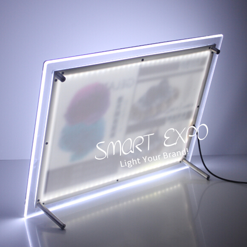 A3 Counter Crystal Light Box Advertising Display Featuring Free Standing on Table Supported by Steel Bolts and Wooden Case Packing