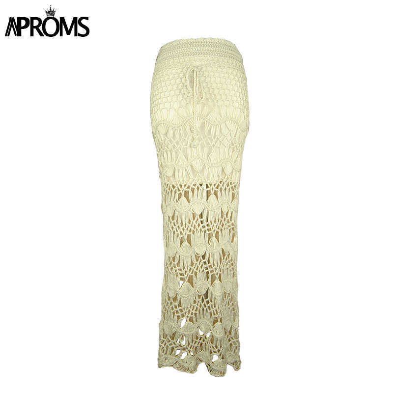Aproms Bohemia Crochet Kintted Long Maxi Skirt Women Vintage Cotton Hollow Out Skirts Ladies Summer Beach Pencil 210619