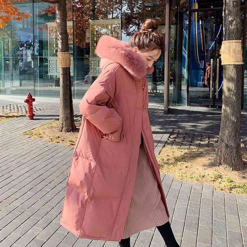 Winter Real Raccoon Fur Long Down Jacket Vintage Female 90% Duck Coat Loose Hooded Lady Thick Warm Overcoat 210510