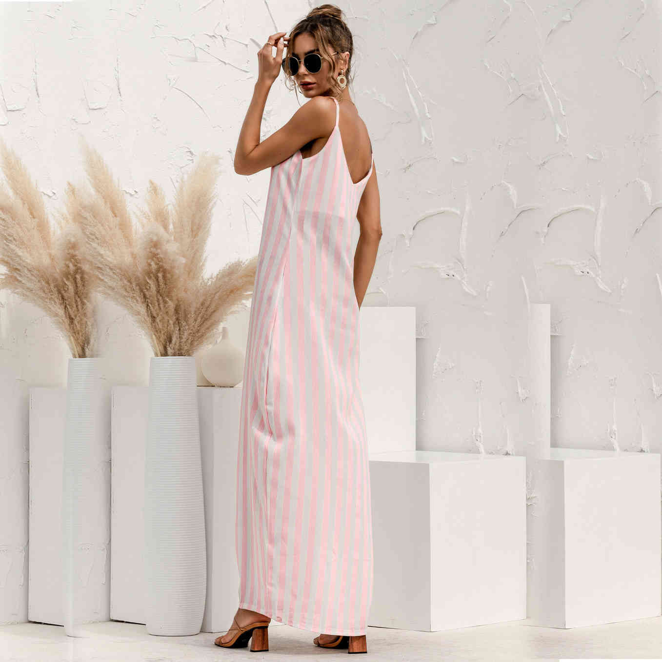 Bohe dress Summer Spaghetti Strap Loose V-Neck Striped Women's Ankle-length Dress Casual holidays female long 210524