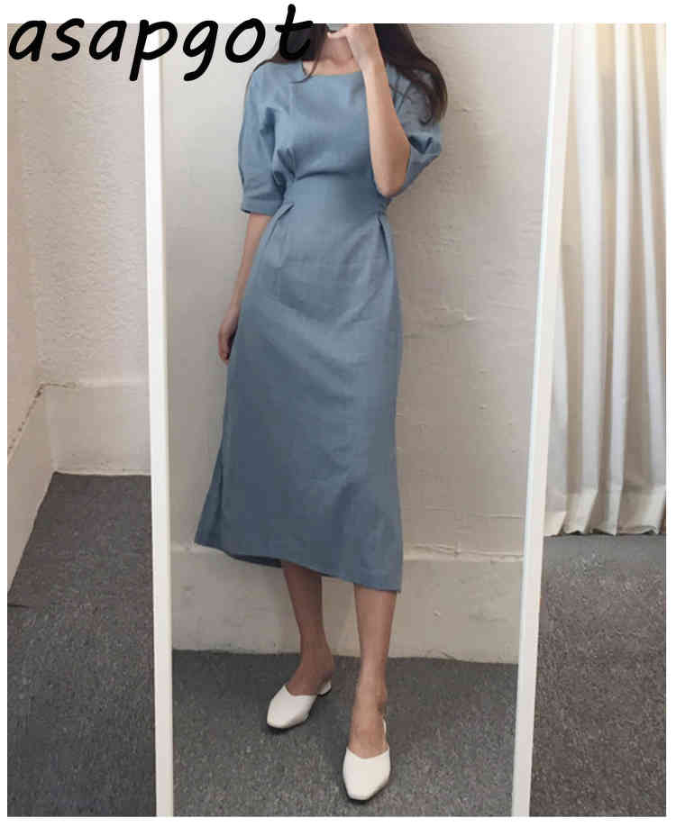 Summer Vintage Plus Size Blue Short Sleeve Square Neck Cotton Linen Dress Women Slim Lace Up Waist Temperament Solid 210429