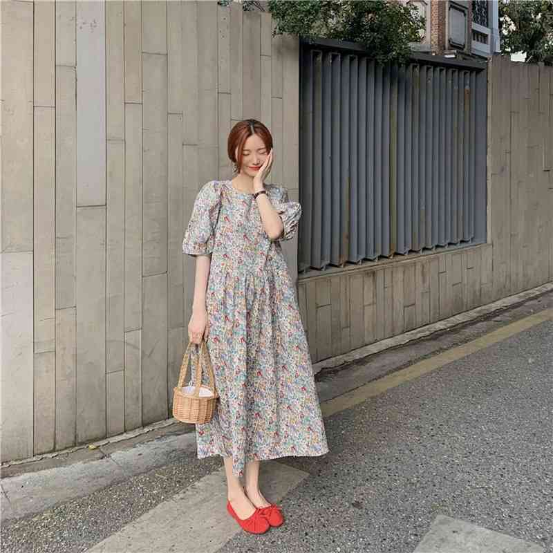 French Style Vintage Puff Sleeve Floral Print Dresses Women Midi Long Party Vestido Feminino for 14557 210506