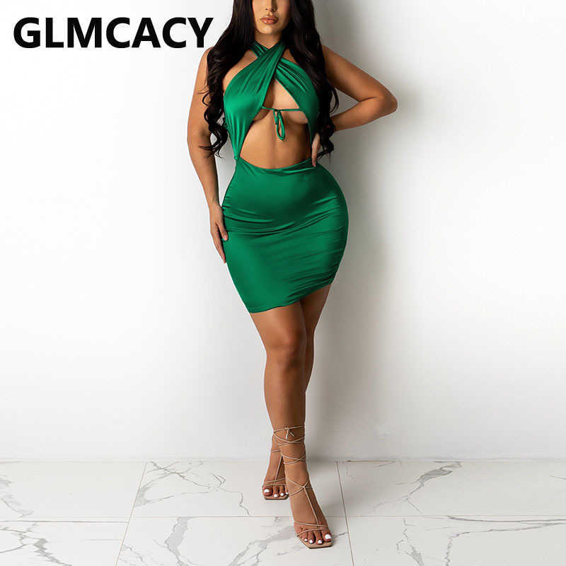 Solid Halter Backless Bodycon Dress Cut Out Sexy Mini Dresses 210702