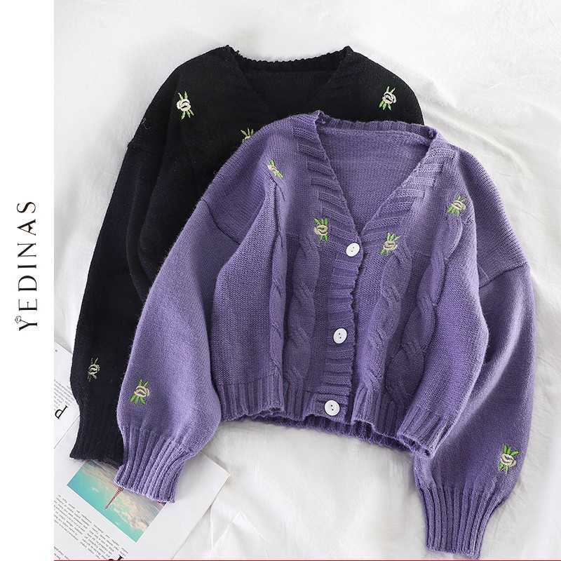 Yedinas Vintage Cardigan Women Sweater Korean Long Sleeve V Neck Knitted Embroidery Ladies Jumper Winter 210527