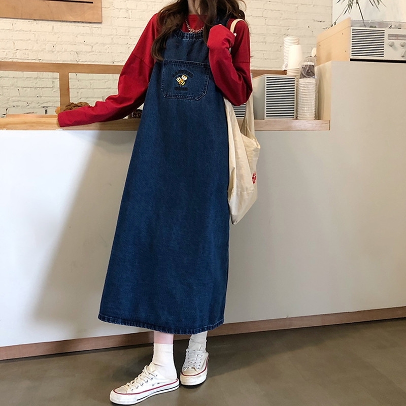 korean style autumn women loose straps denim dess female vintage embroidery long jeans tank dress womens (72808 210423