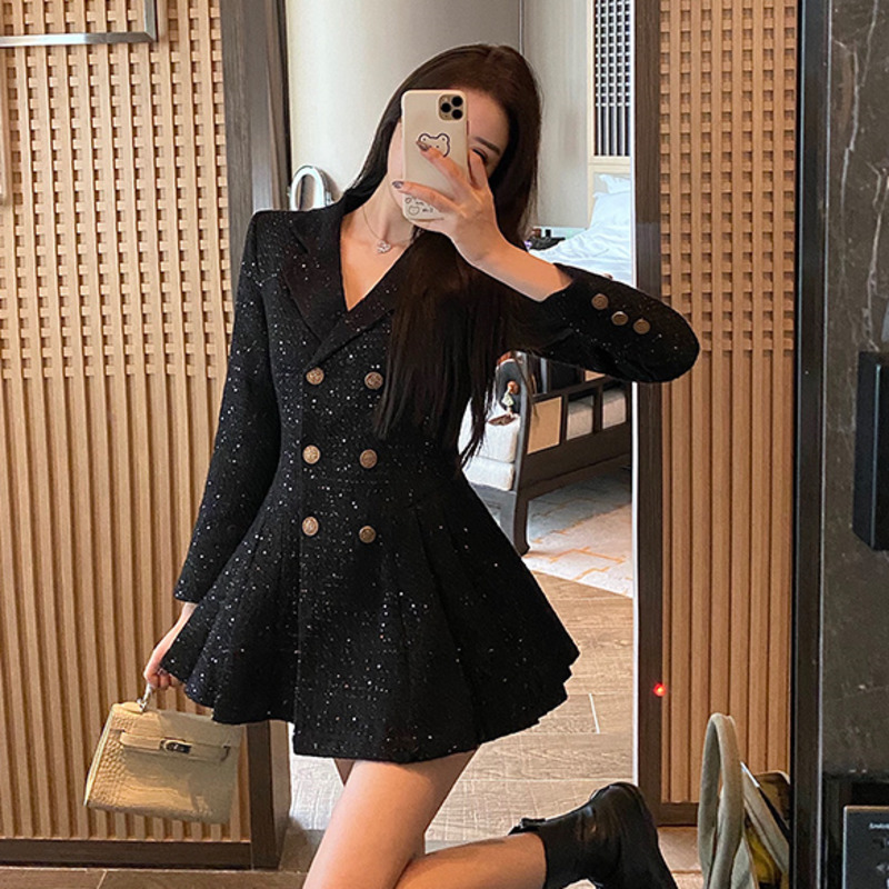 [DEAT] V-neck Ball Gown Undefined Woman Dress Double Breasted Solid Above Knee Mini UnfiNew Fashion Tide Spring GX070 210428