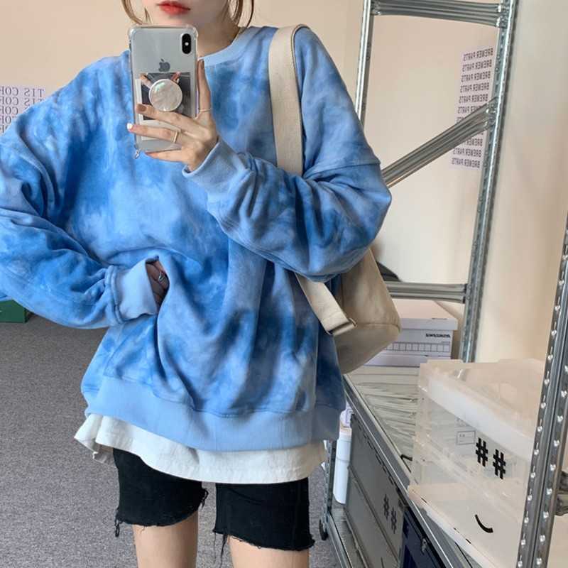 Yedinas Women's Tie Dye Sweatshirts Oversized O-neck Loose Pullover Fahion Winter Tops Fleece Sweaters For Girls Ladies 210527
