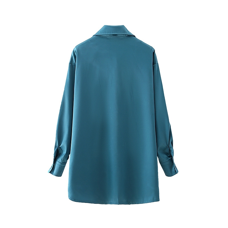 Elegant Women Satin Turn Down Collar Shirts Fashion Ladies Pocket Tops Streetwear Female Chic Button Solid Blouse 210430