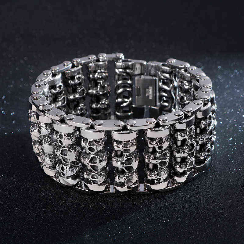 Fongten Wholesale Wide Skull Stainless Steel Bracelets Men Metal Biker Viking Charm Large Argent Bracelet Bangle Jewelry 211124